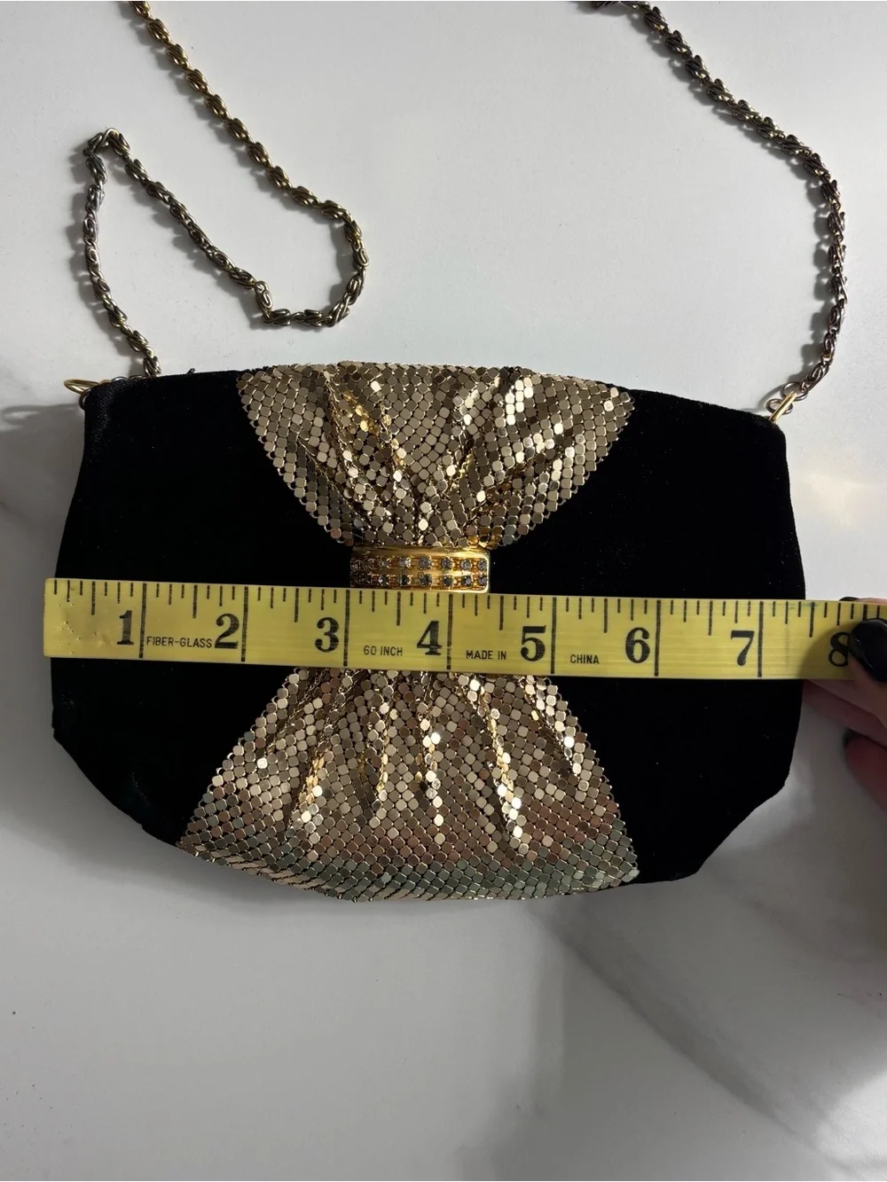 Vintage Gold Bow Evening Crossbody Bag - velvet Black